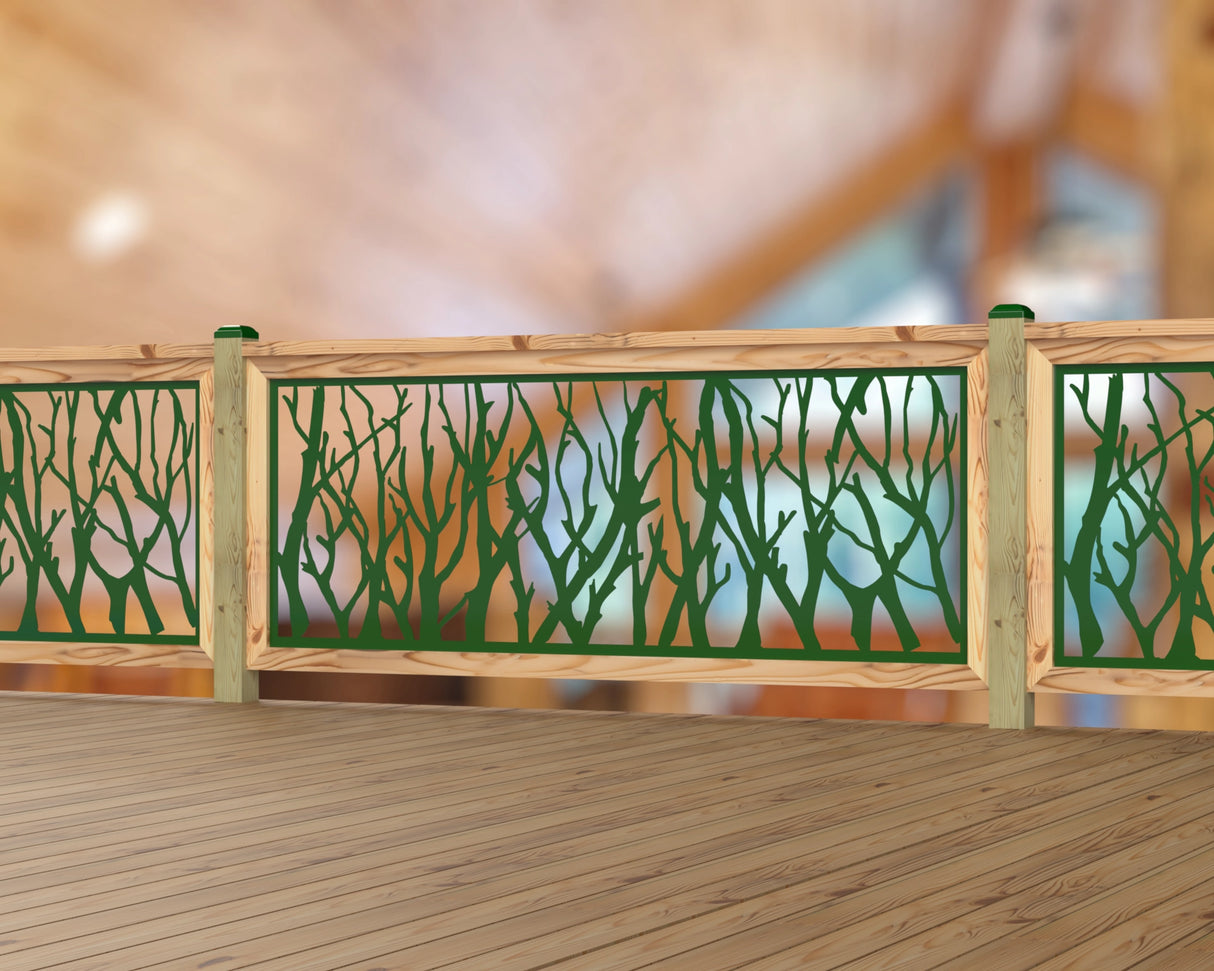 Inserto de panel de barandilla con paisaje forestal