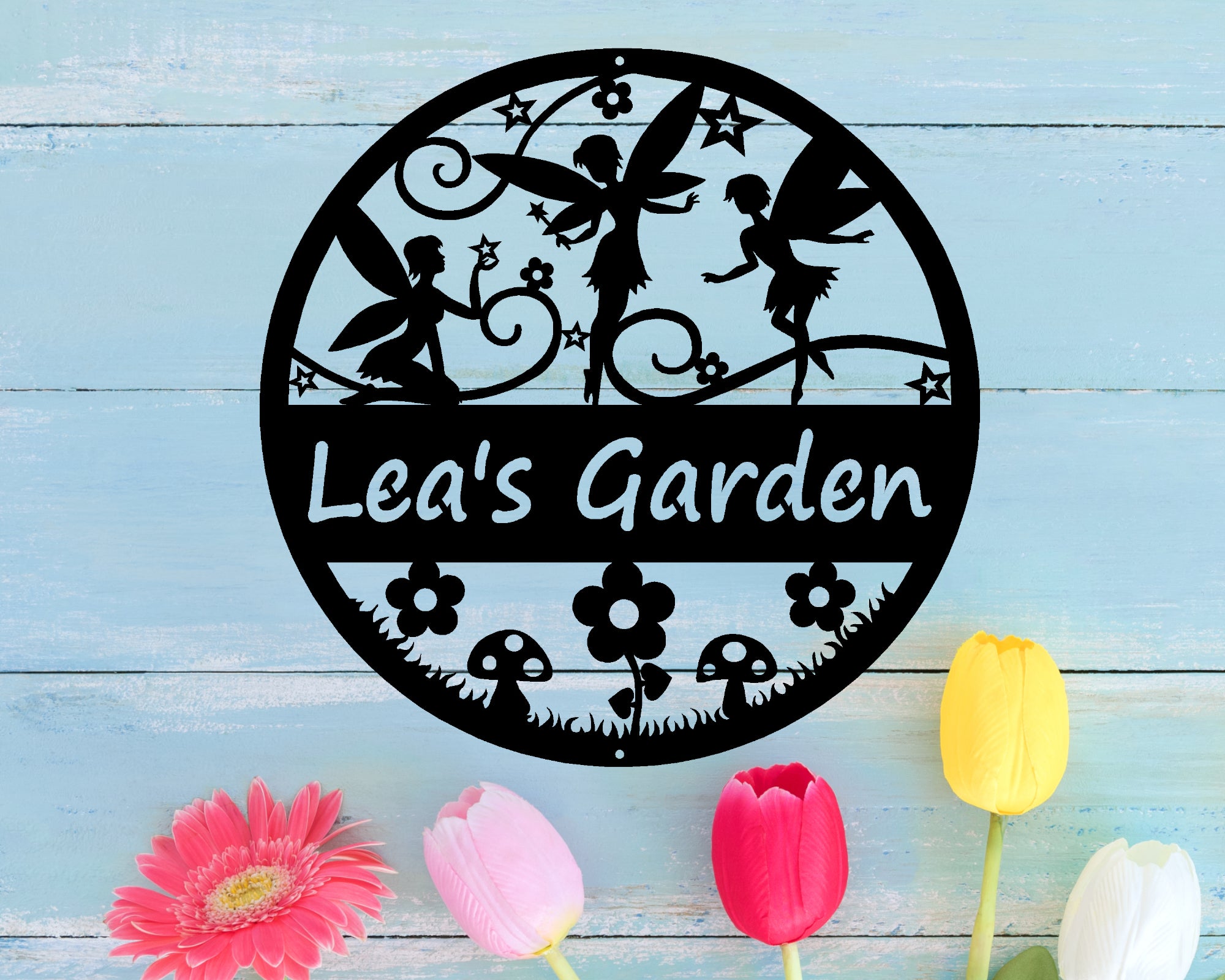Personalized Fairy Garden Metal Sign, Outdoor Custom Art – Madison