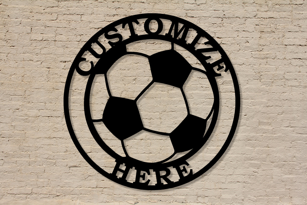 Soccer Ball Personalized Metal Sign - Two Lines - Madison Iron and Wood