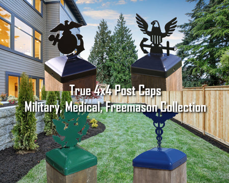 True Size 4x4 Post Caps with Insignia Finial Choice (Military, Medical, Freemason) - Madison Iron and Wood