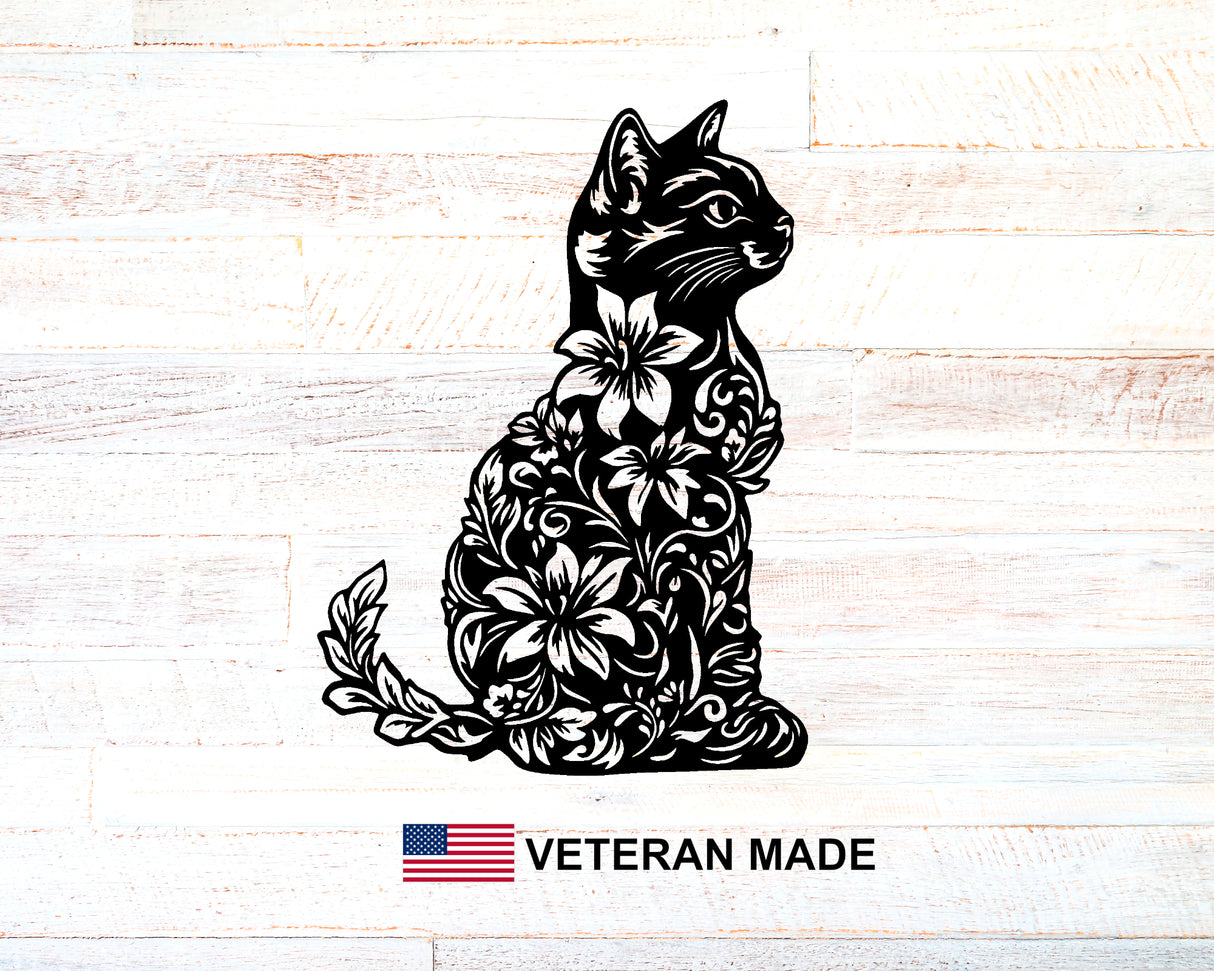 Cat with Flowers in body Metal Sign - Madison Iron and Wood