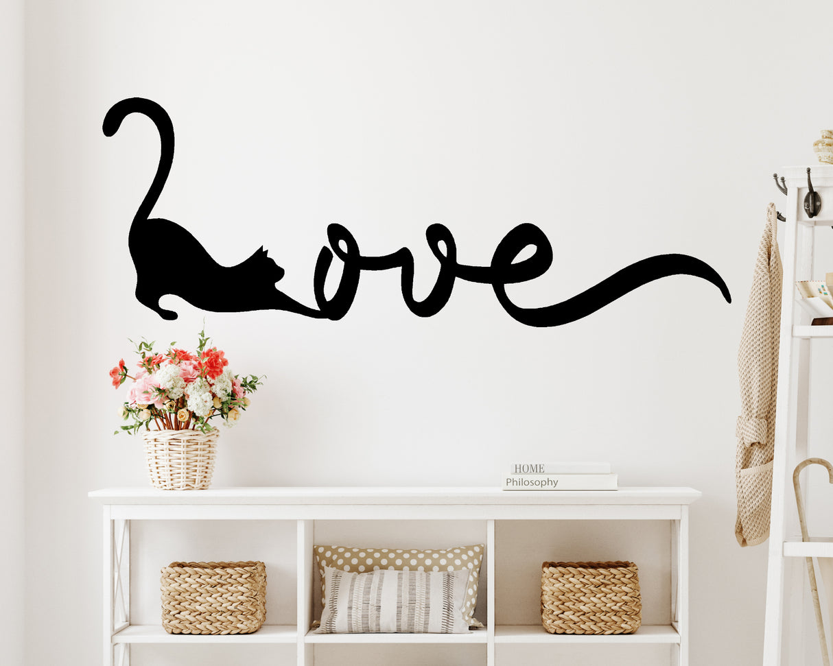 Cat Stretching Love Metal Word Sign - Madison Iron and Wood