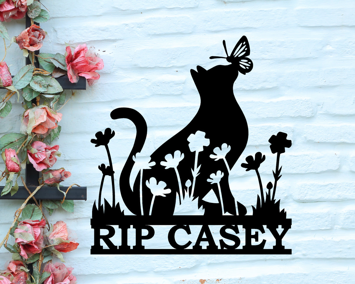 Cat with Flowers and Butterfly Personalized Metal Sign - Madison Iron and Wood