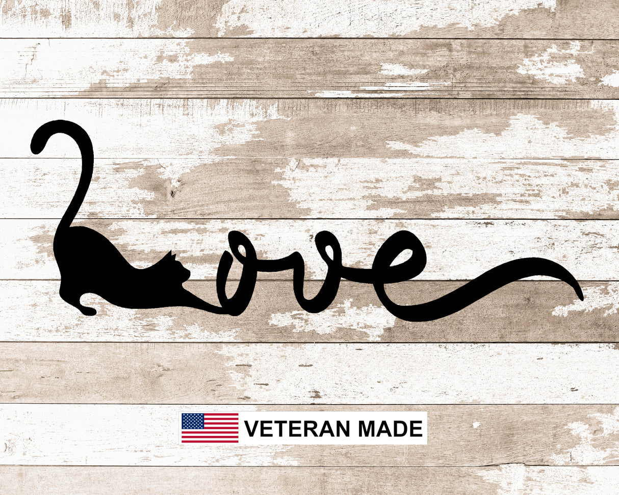 Cat Stretching Love Metal Word Sign - Madison Iron and Wood