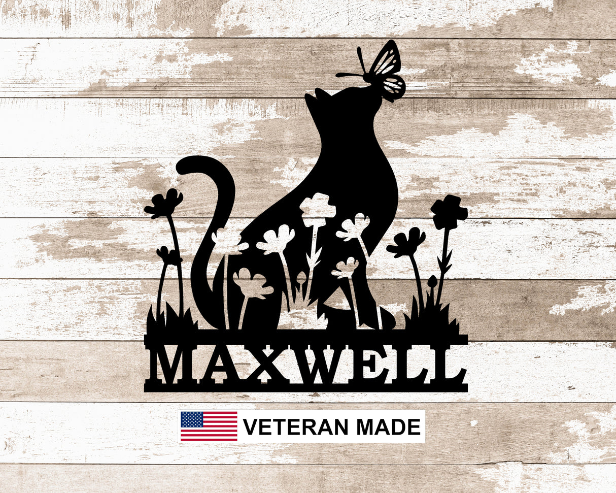 Cat with Flowers and Butterfly Personalized Metal Sign - Madison Iron and Wood