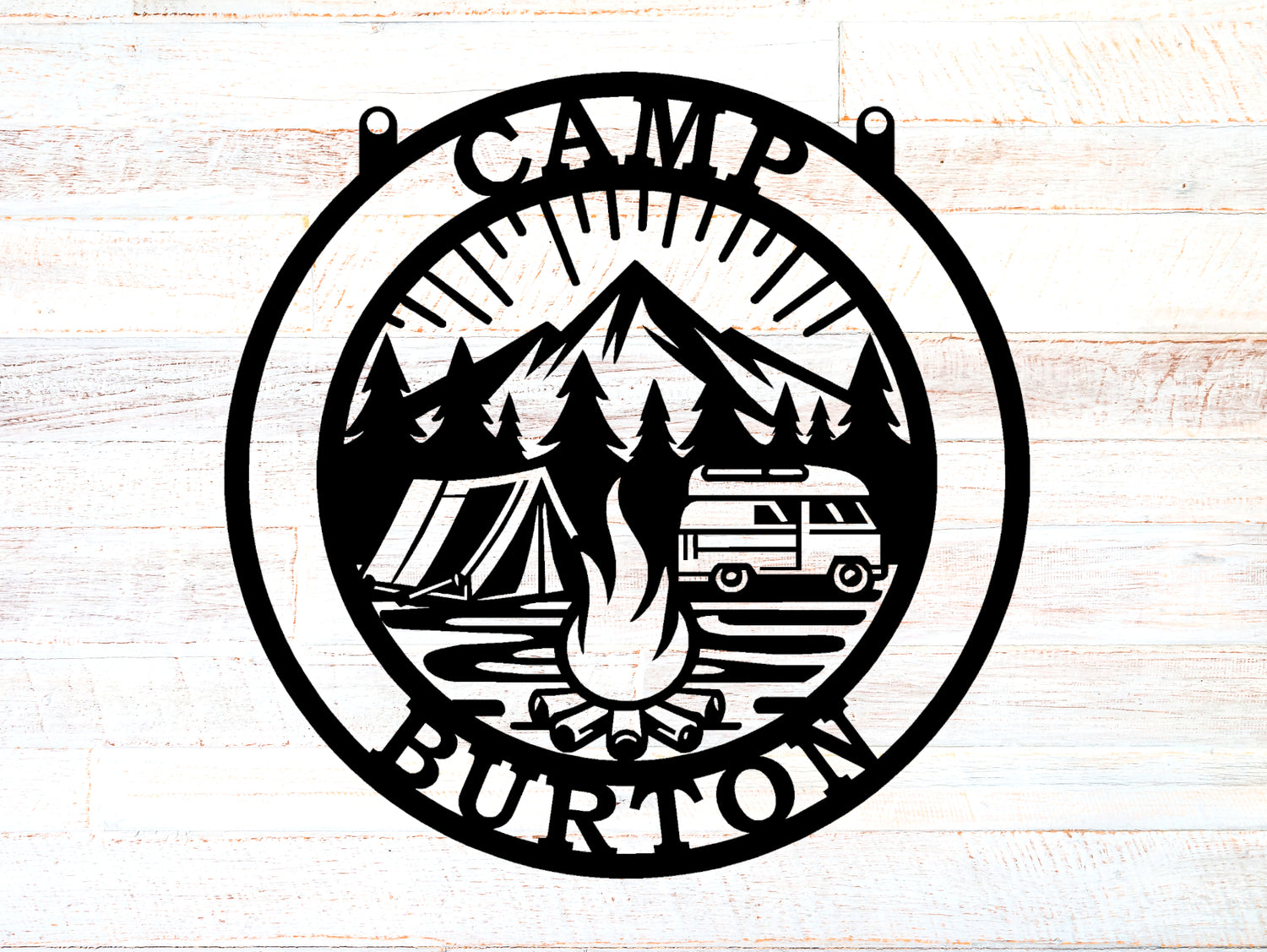Camper-Firepit-Mountains-Tent Personalized Round Metal Sign - Two Lines - Madison Iron and Wood