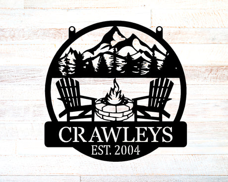 Chairs-Firepit-Mountains Personalized Round Metal Sign - Two Lines - Madison Iron and Wood