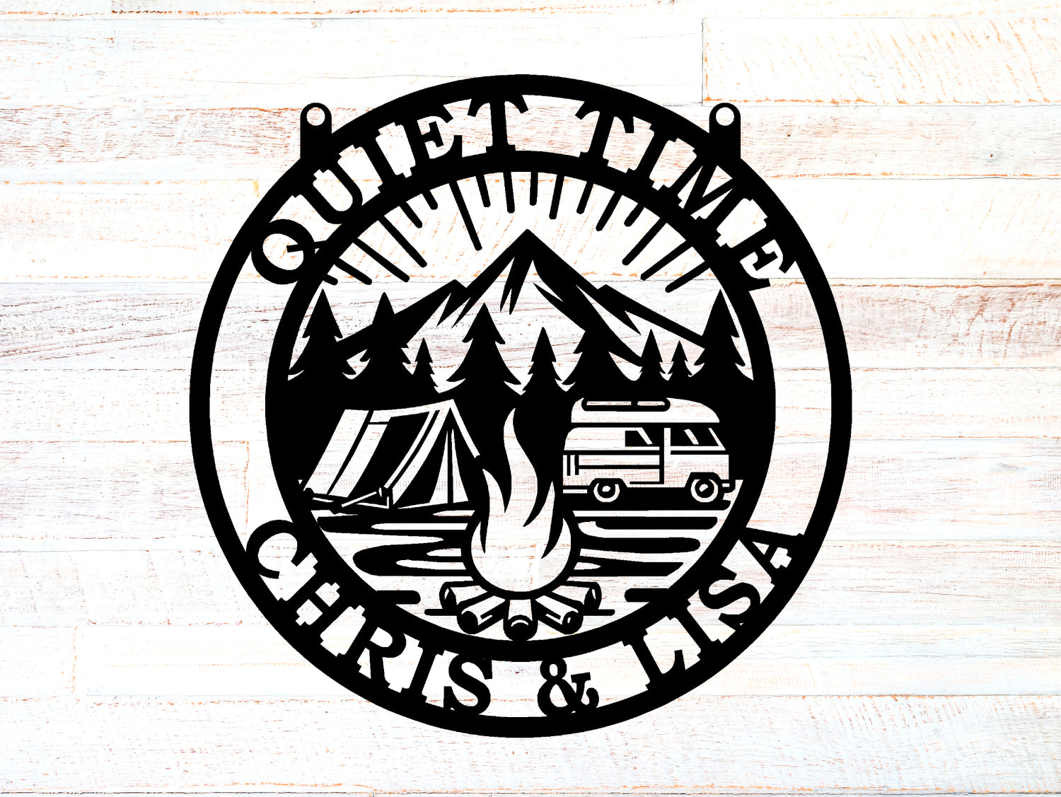 Camper-Firepit-Mountains-Tent Personalized Round Metal Sign - Two Lines - Madison Iron and Wood