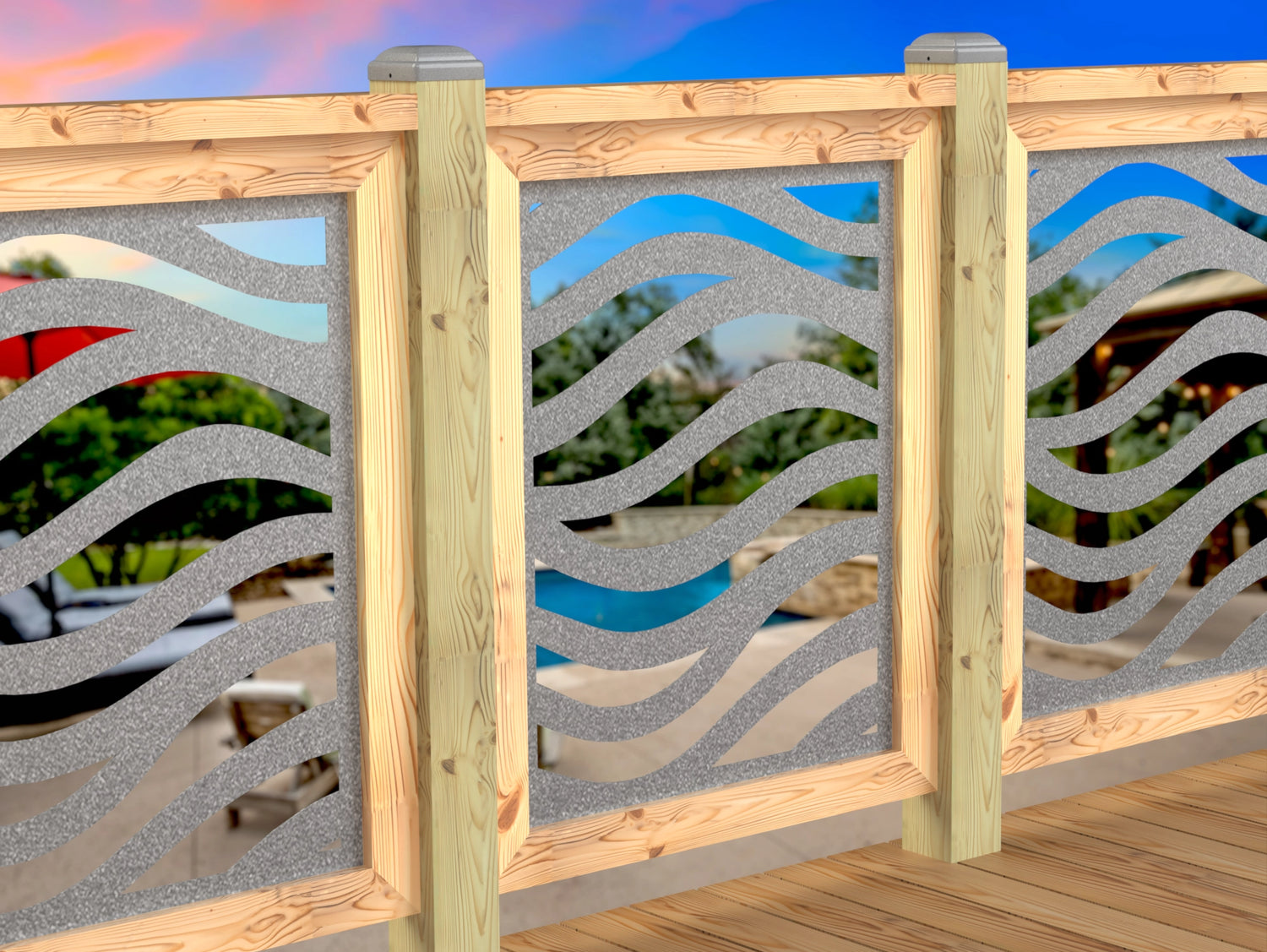 Inserto de panel de barandilla con paisaje forestal