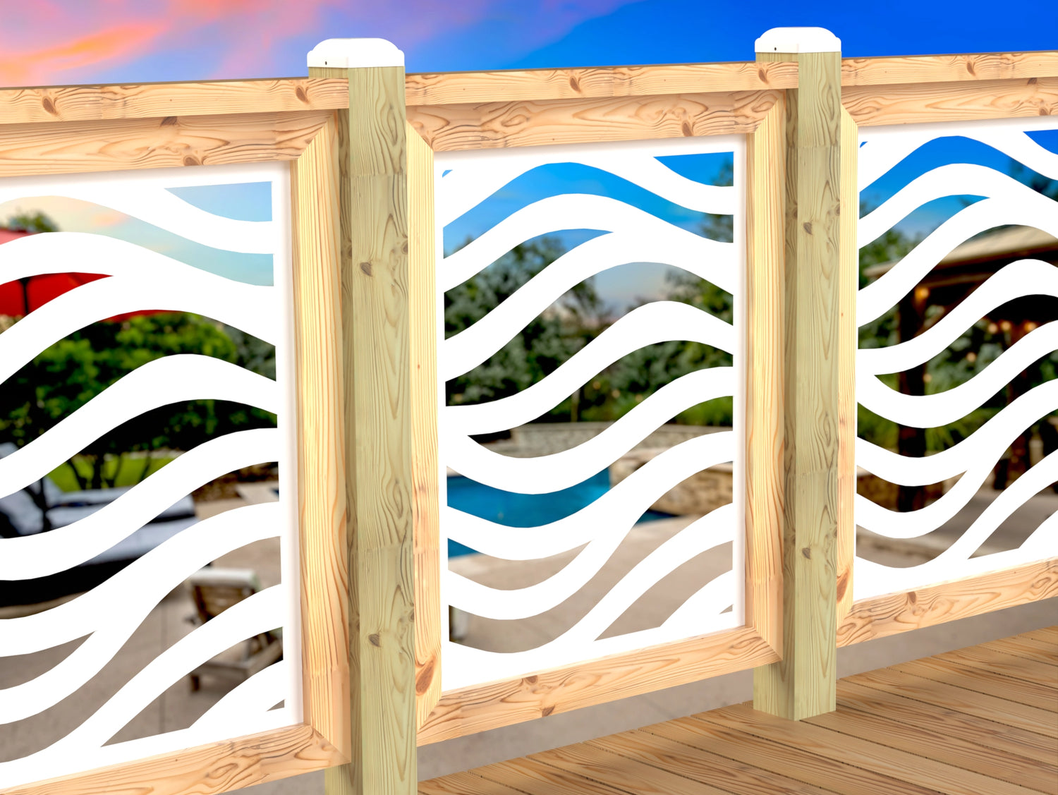 Inserto de panel de barandilla con paisaje forestal