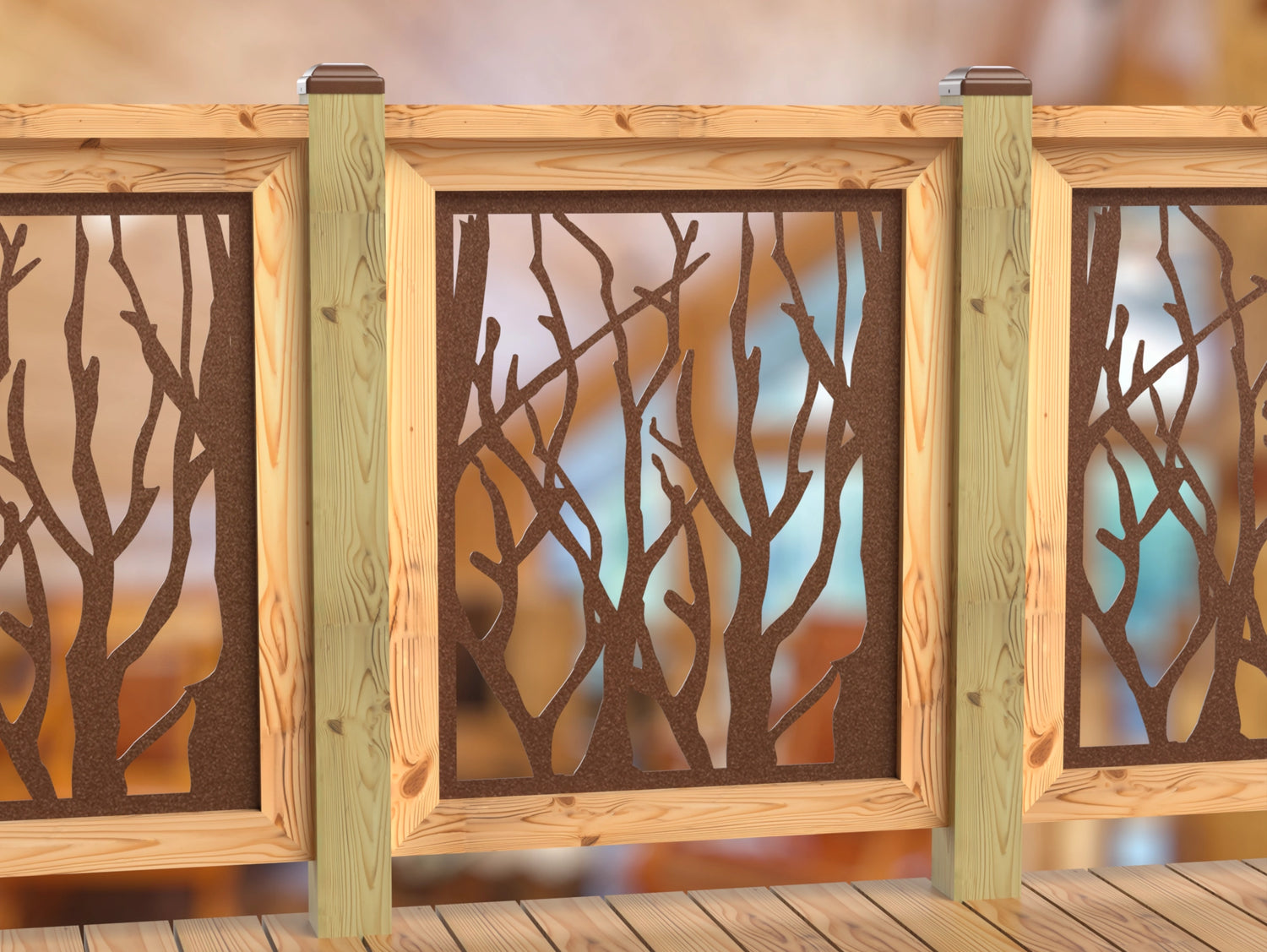 Inserto de panel de barandilla con paisaje forestal