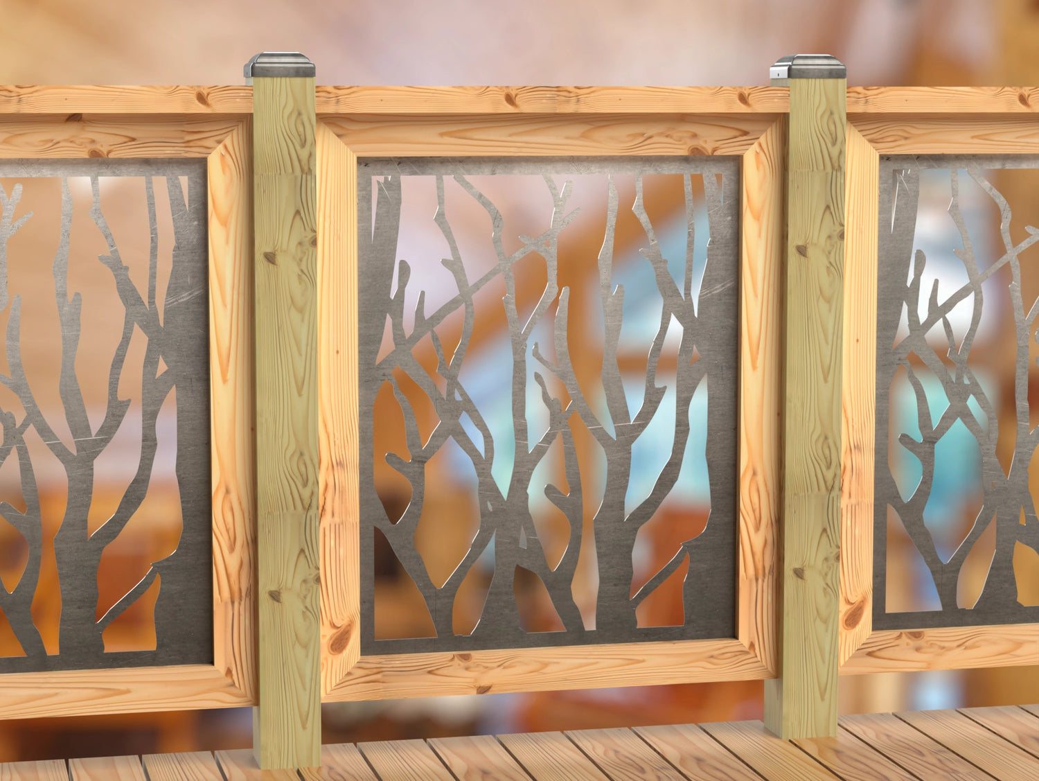 Inserto de panel de barandilla con paisaje forestal