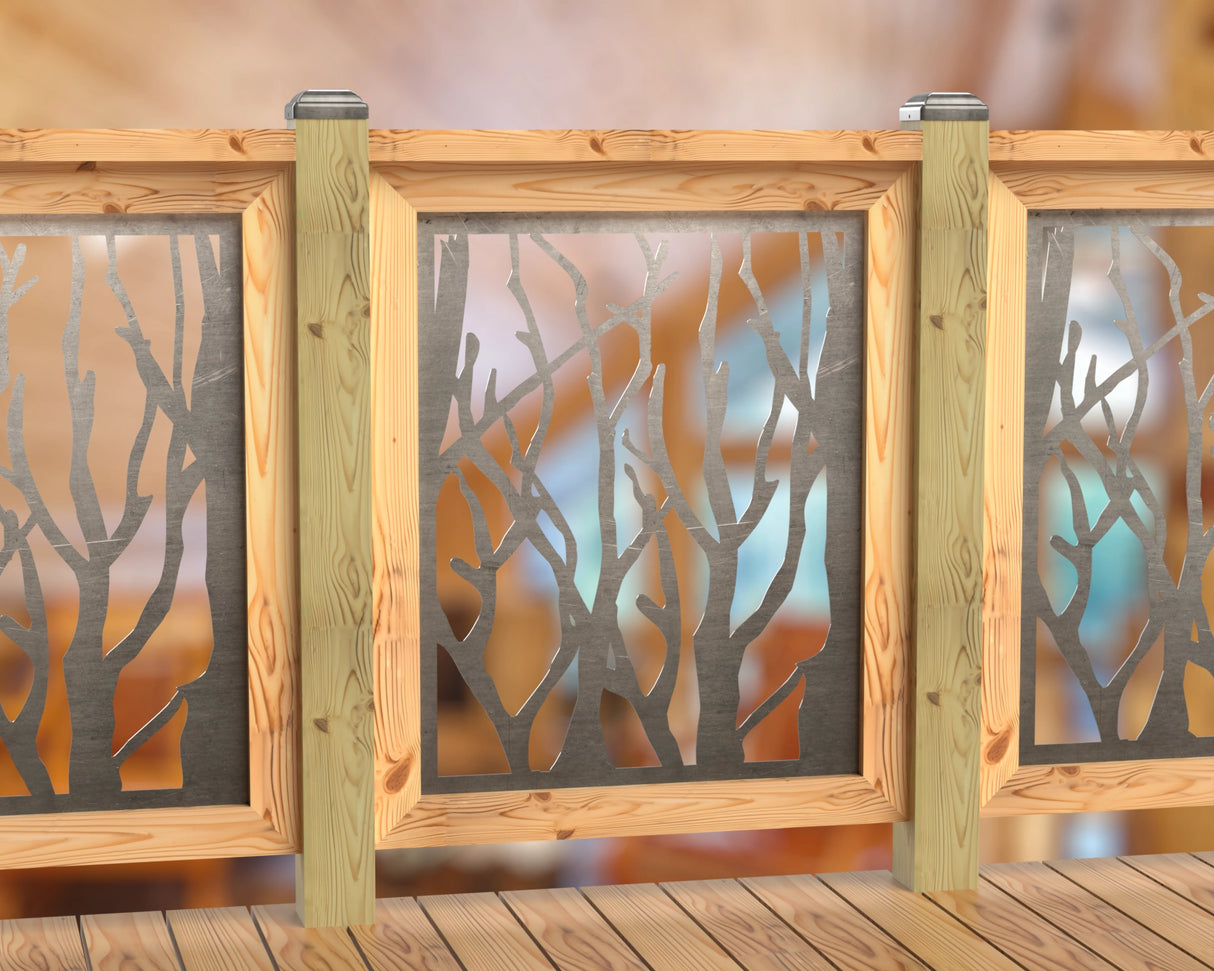 Inserto de panel de barandilla con paisaje forestal