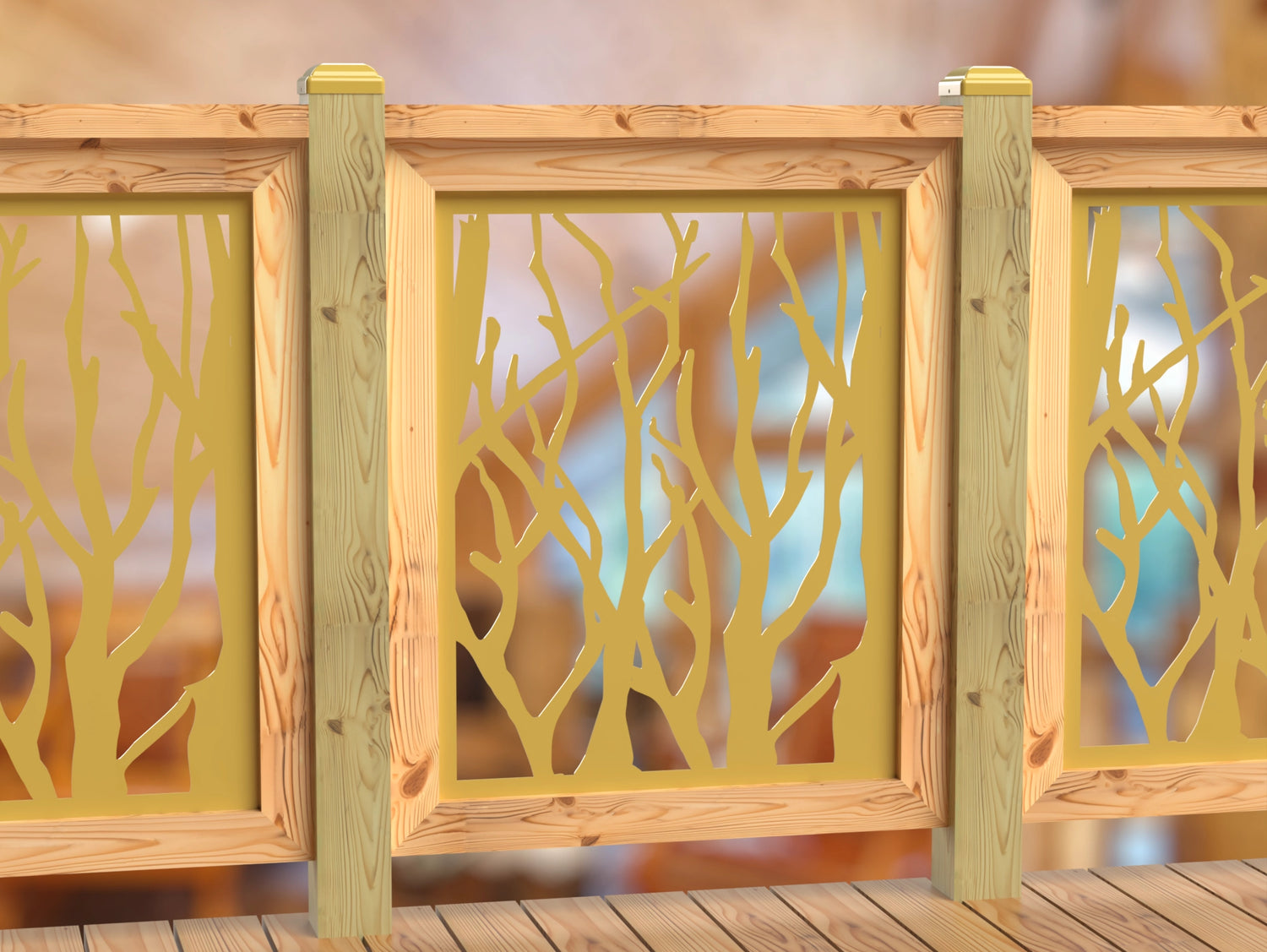 Inserto de panel de barandilla con paisaje forestal