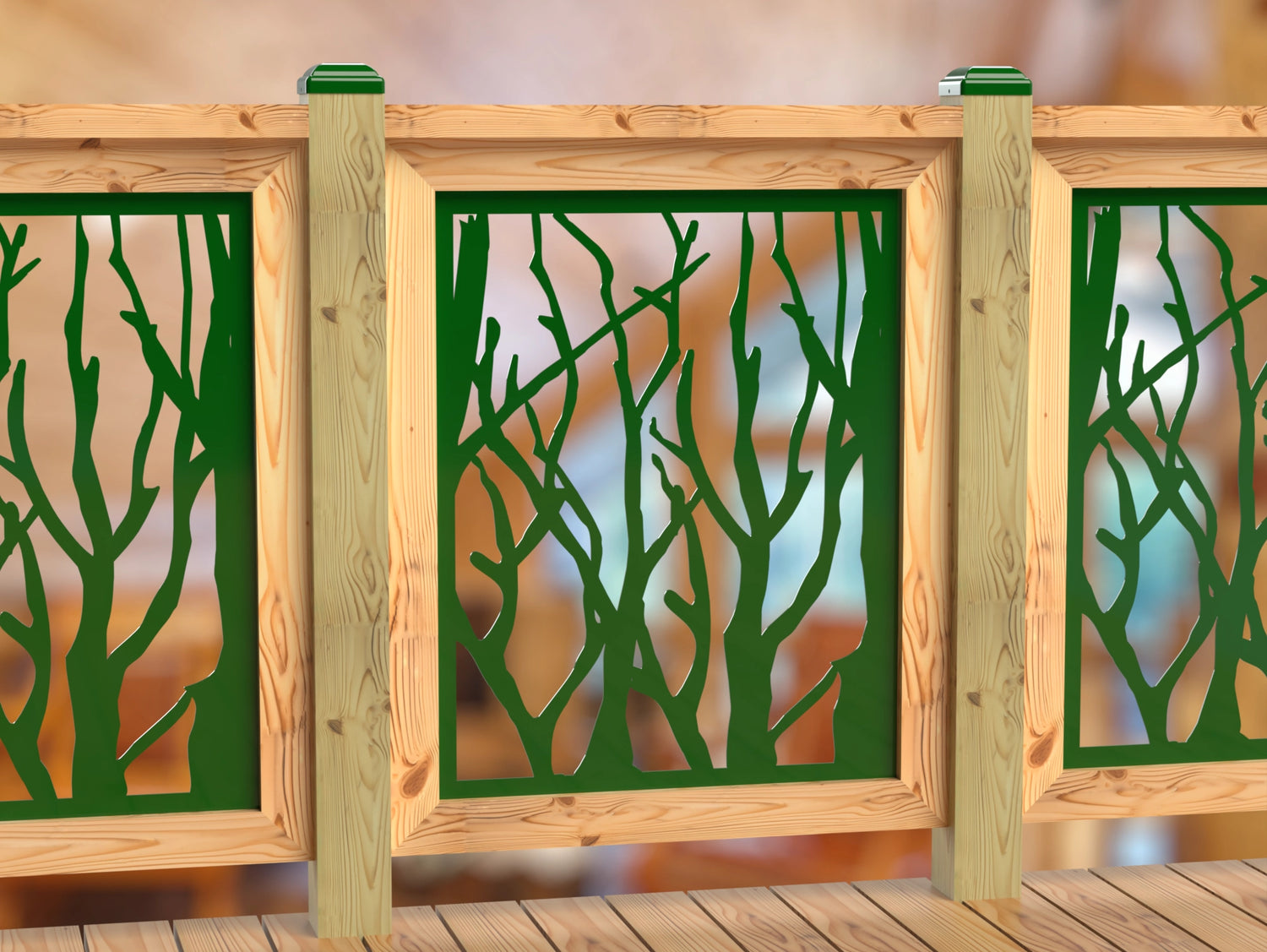 Inserto de panel de barandilla con paisaje forestal
