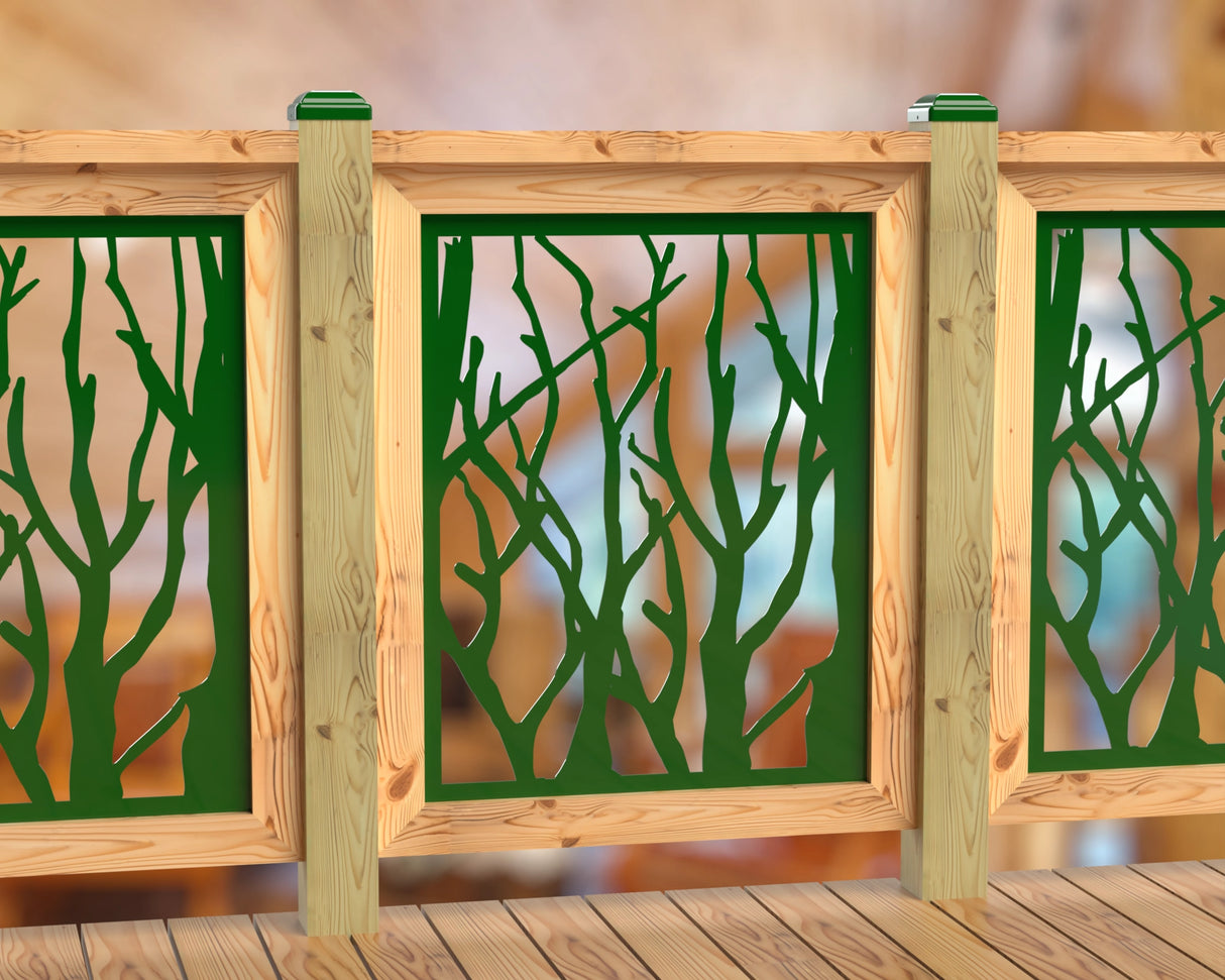 Inserto de panel de barandilla con paisaje forestal