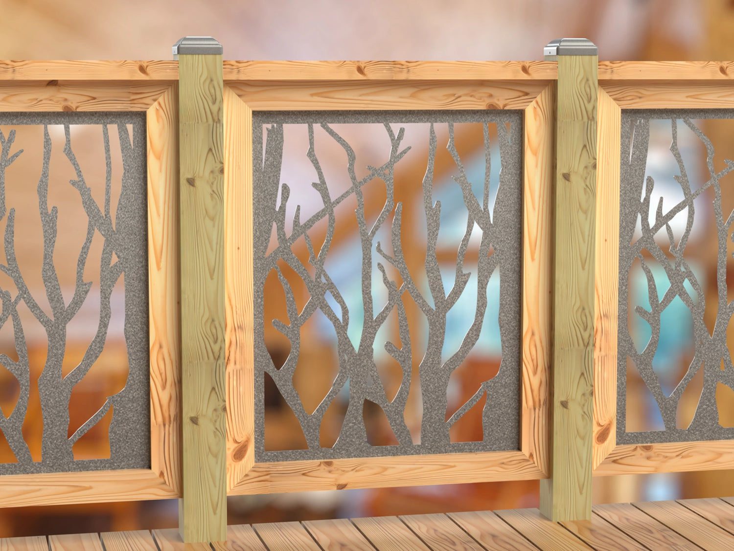 Inserto de panel de barandilla con paisaje forestal