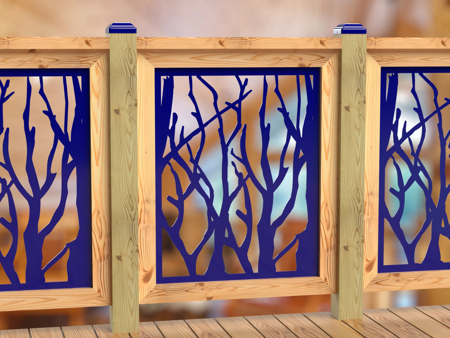 Inserto de panel de barandilla con paisaje forestal