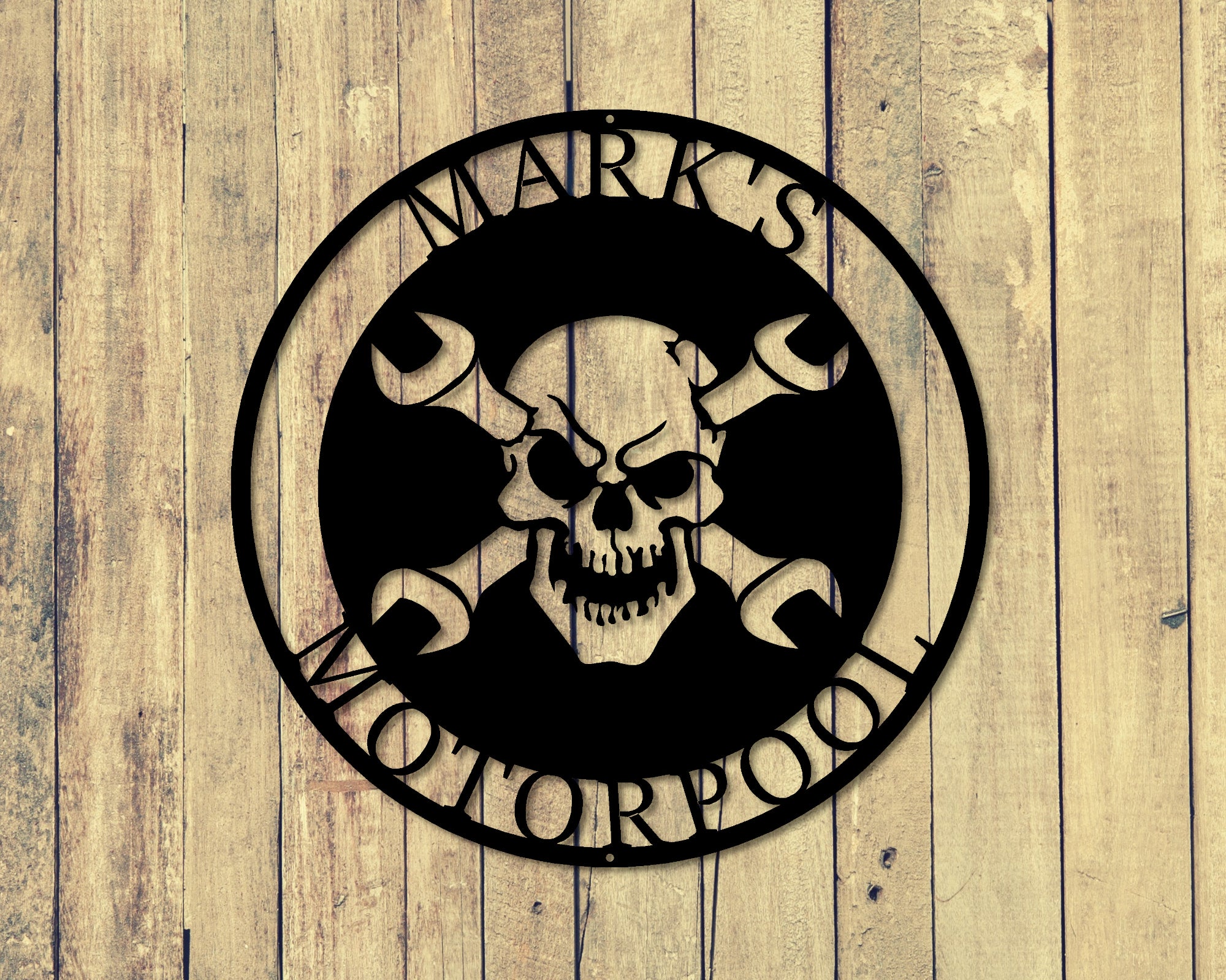 Skull and Wrench Personalized Round Metal Sign - Madison Iron and Wood