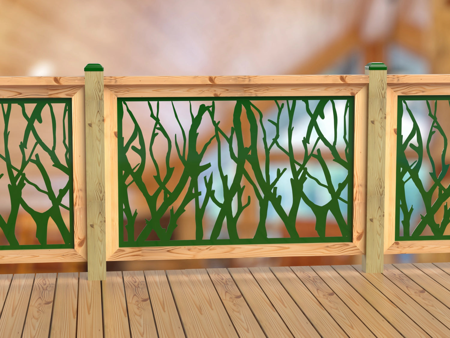 Inserto de panel de barandilla con paisaje forestal