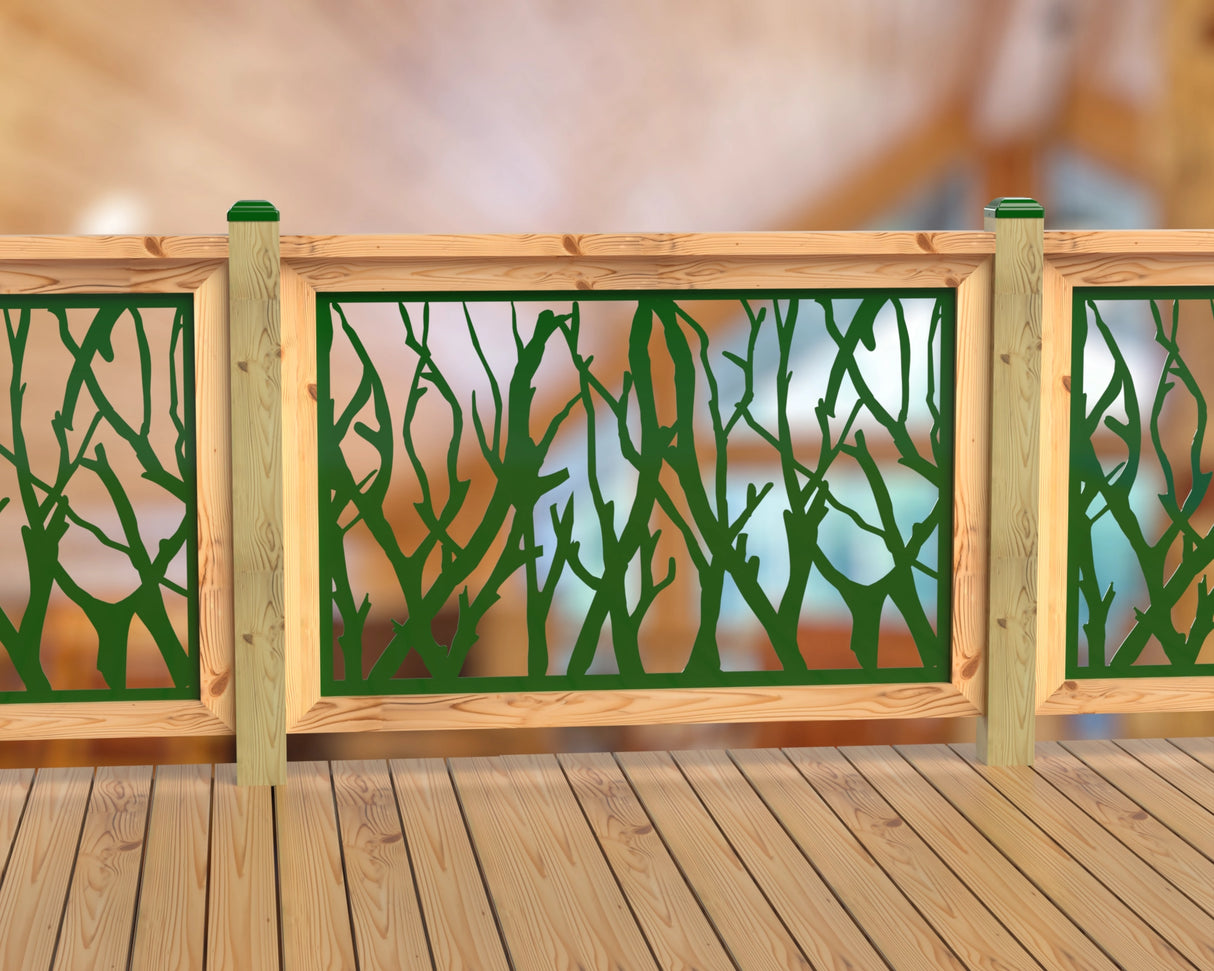 Inserto de panel de barandilla con paisaje forestal