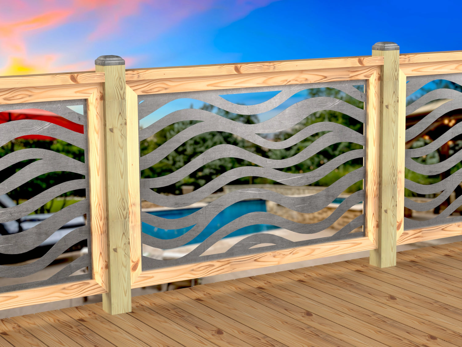 Inserto de panel de barandilla con paisaje forestal