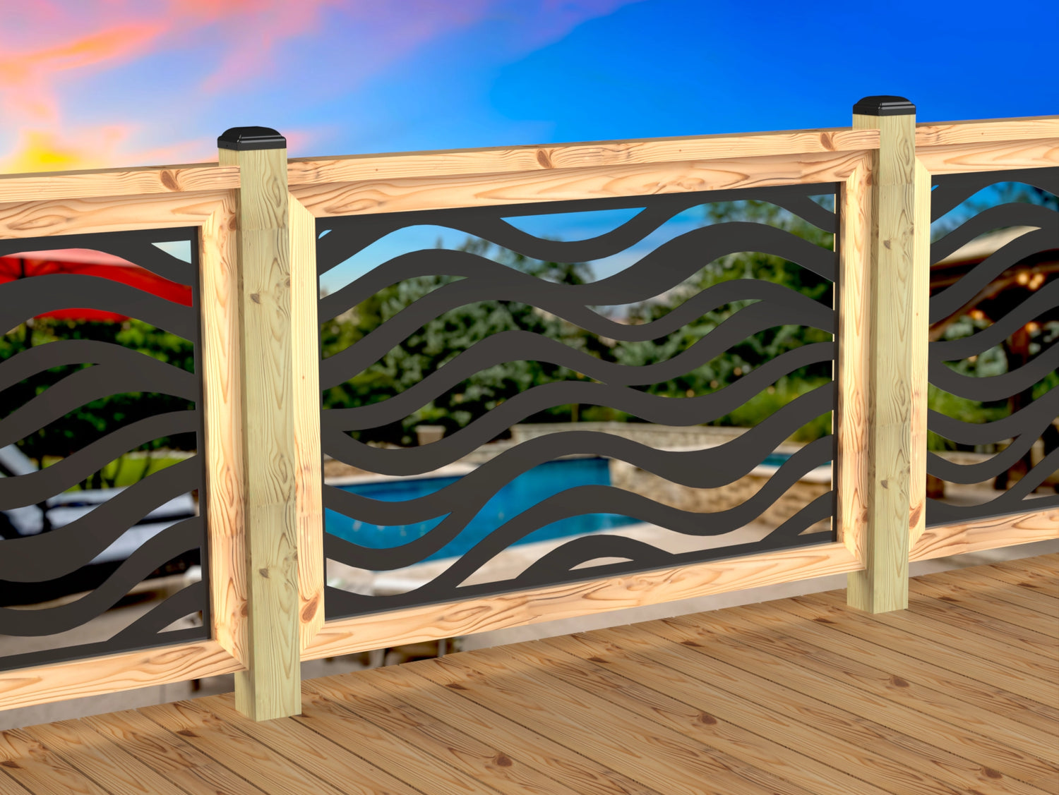 Inserto de panel de barandilla con paisaje forestal