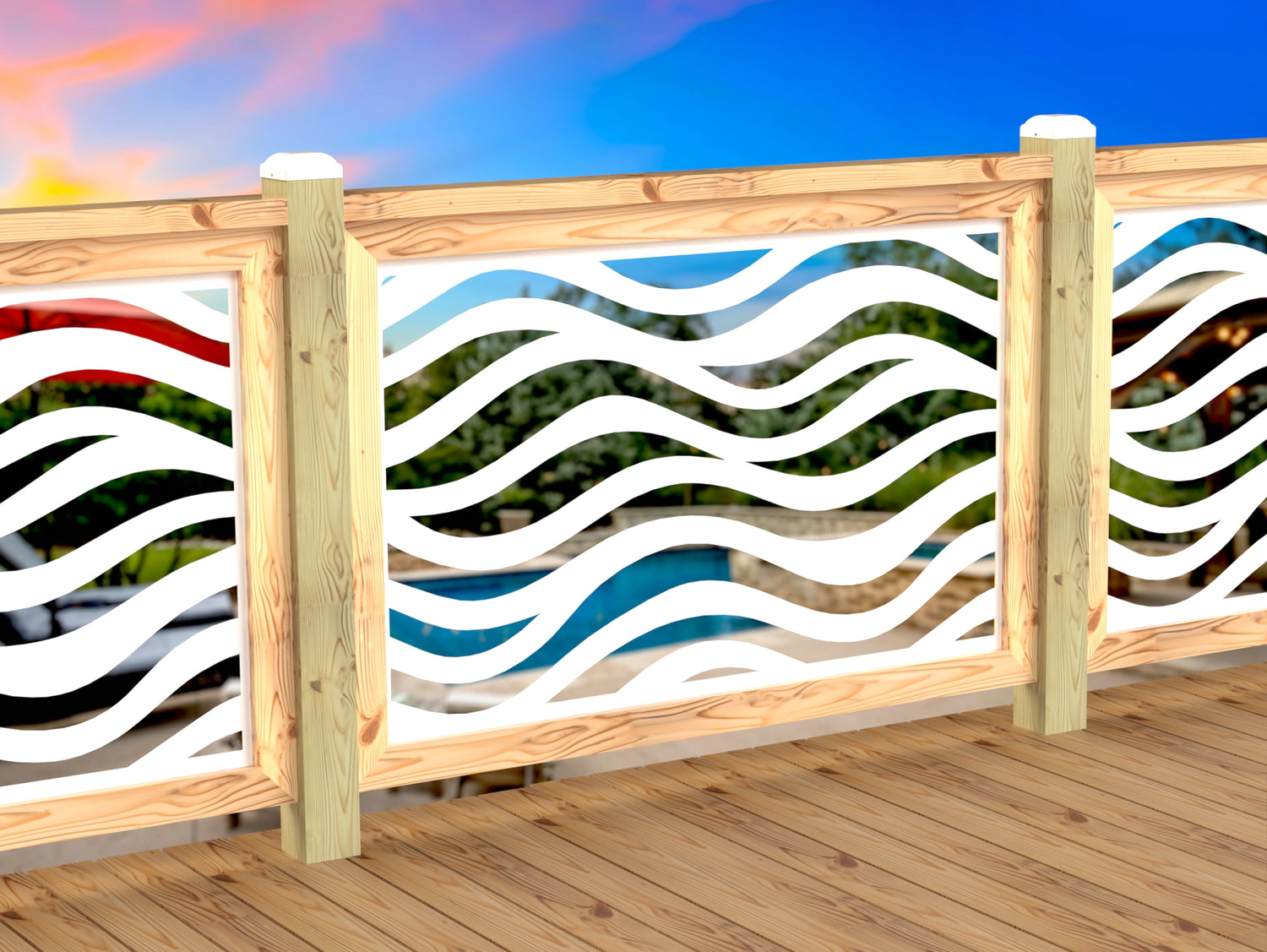 Inserto de panel de barandilla con paisaje forestal