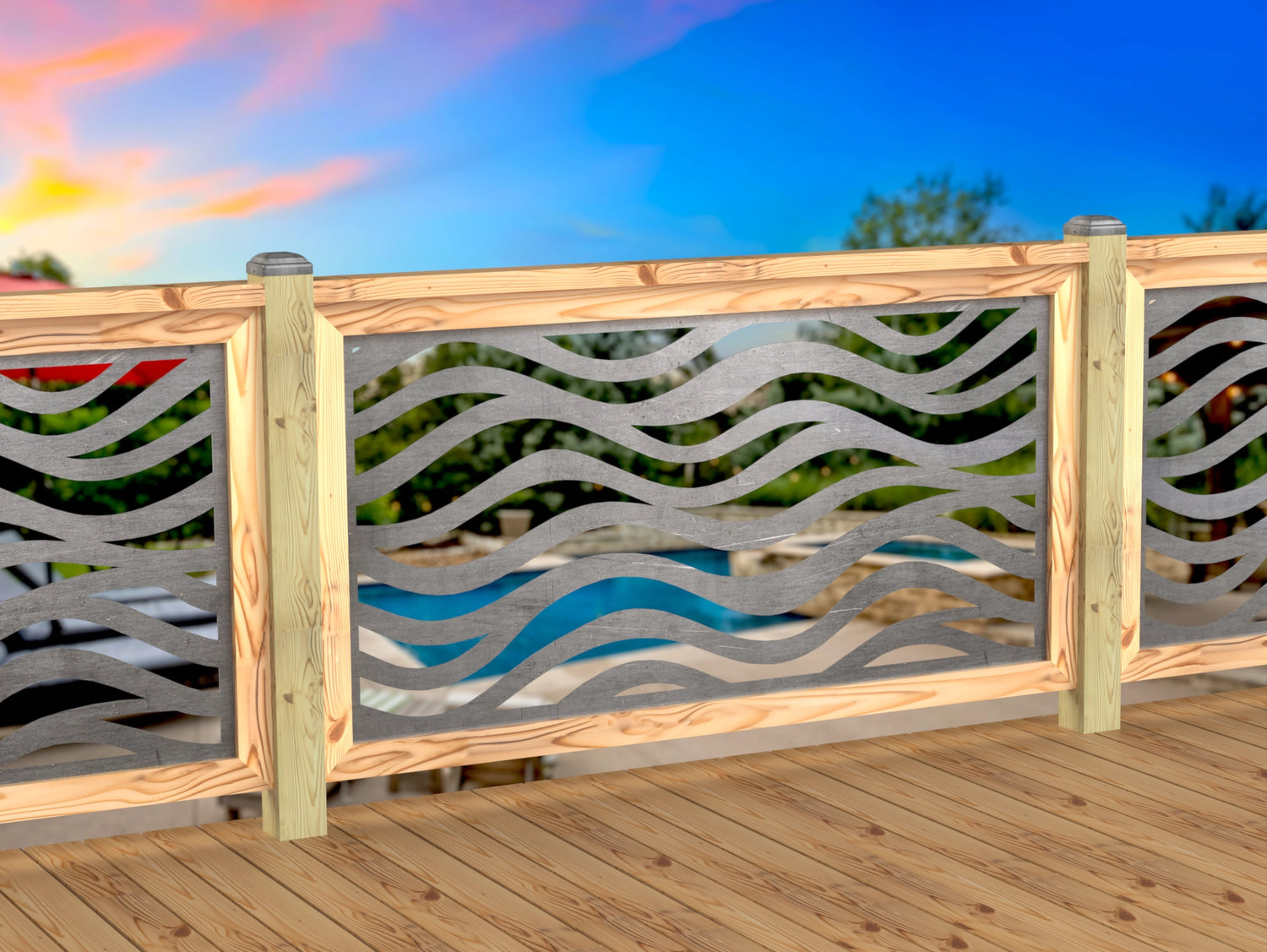 Inserto de panel de barandilla con paisaje forestal