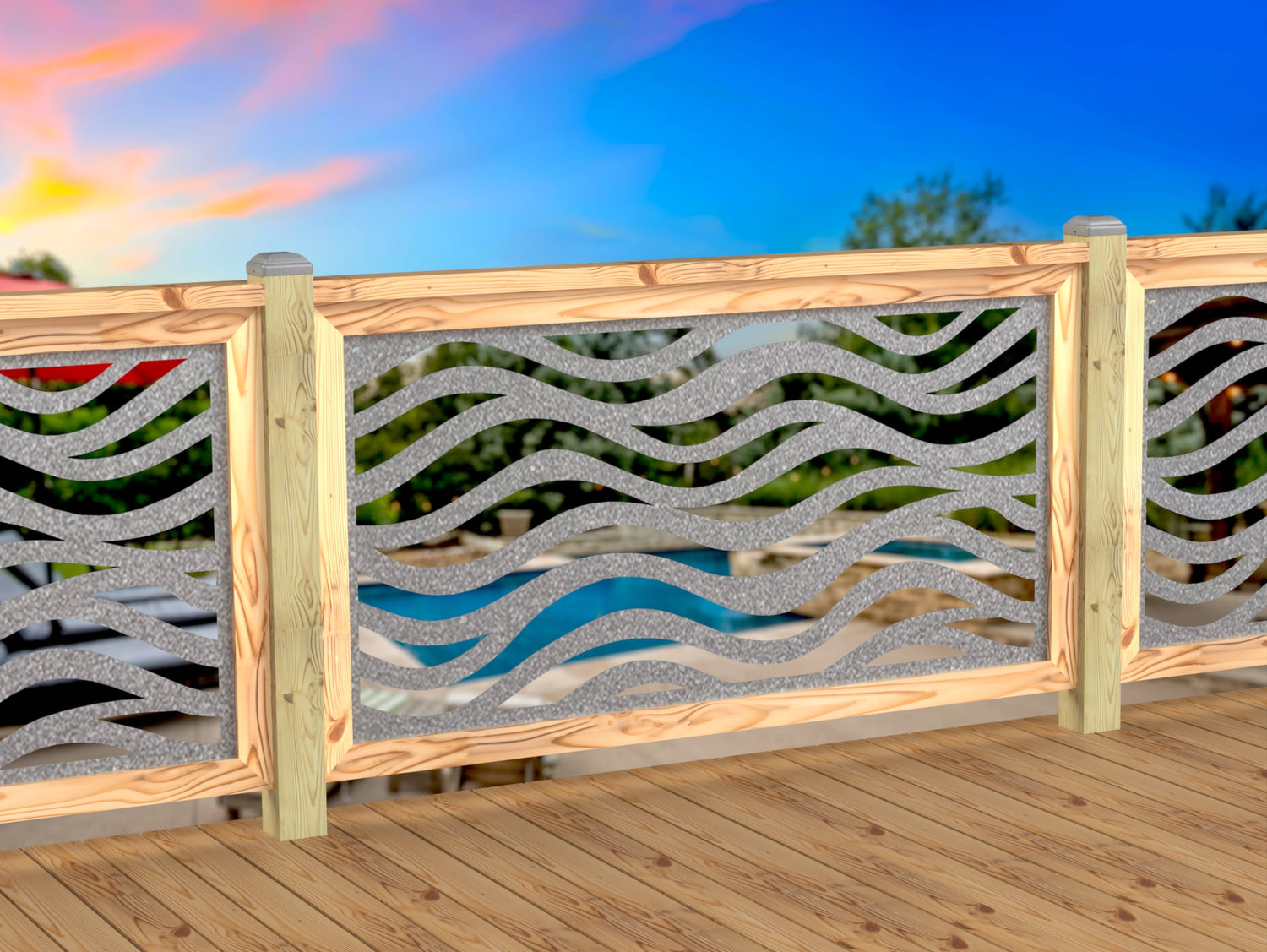 Inserto de panel de barandilla con paisaje forestal