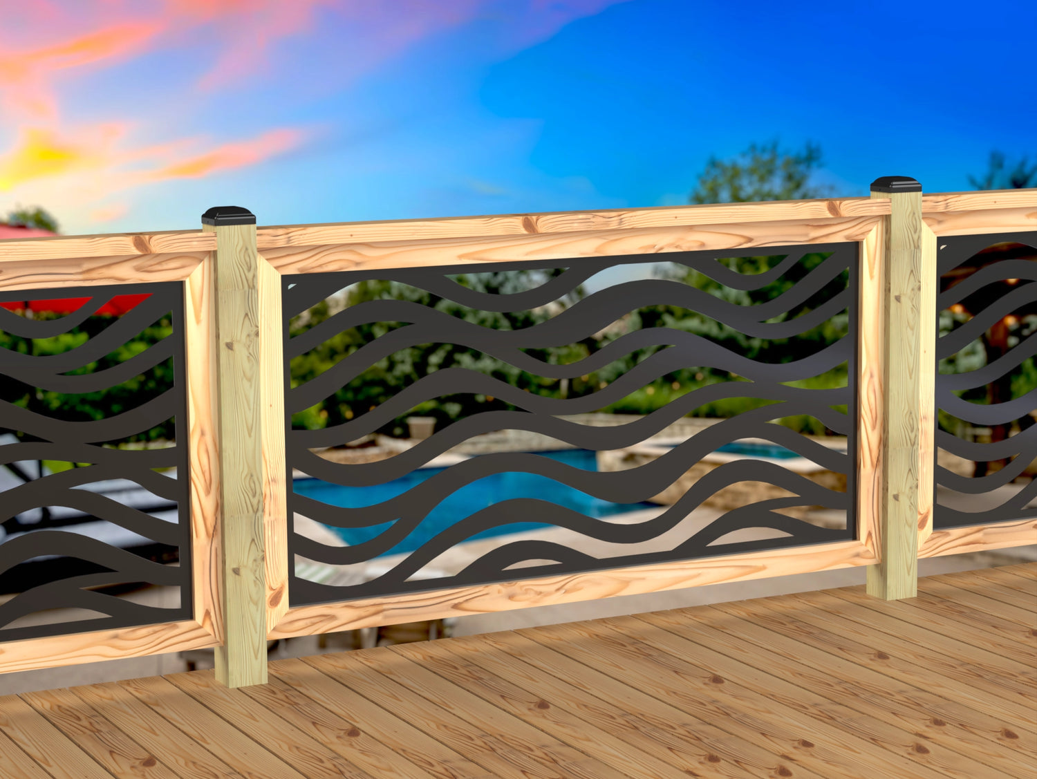 Inserto de panel de barandilla con paisaje forestal