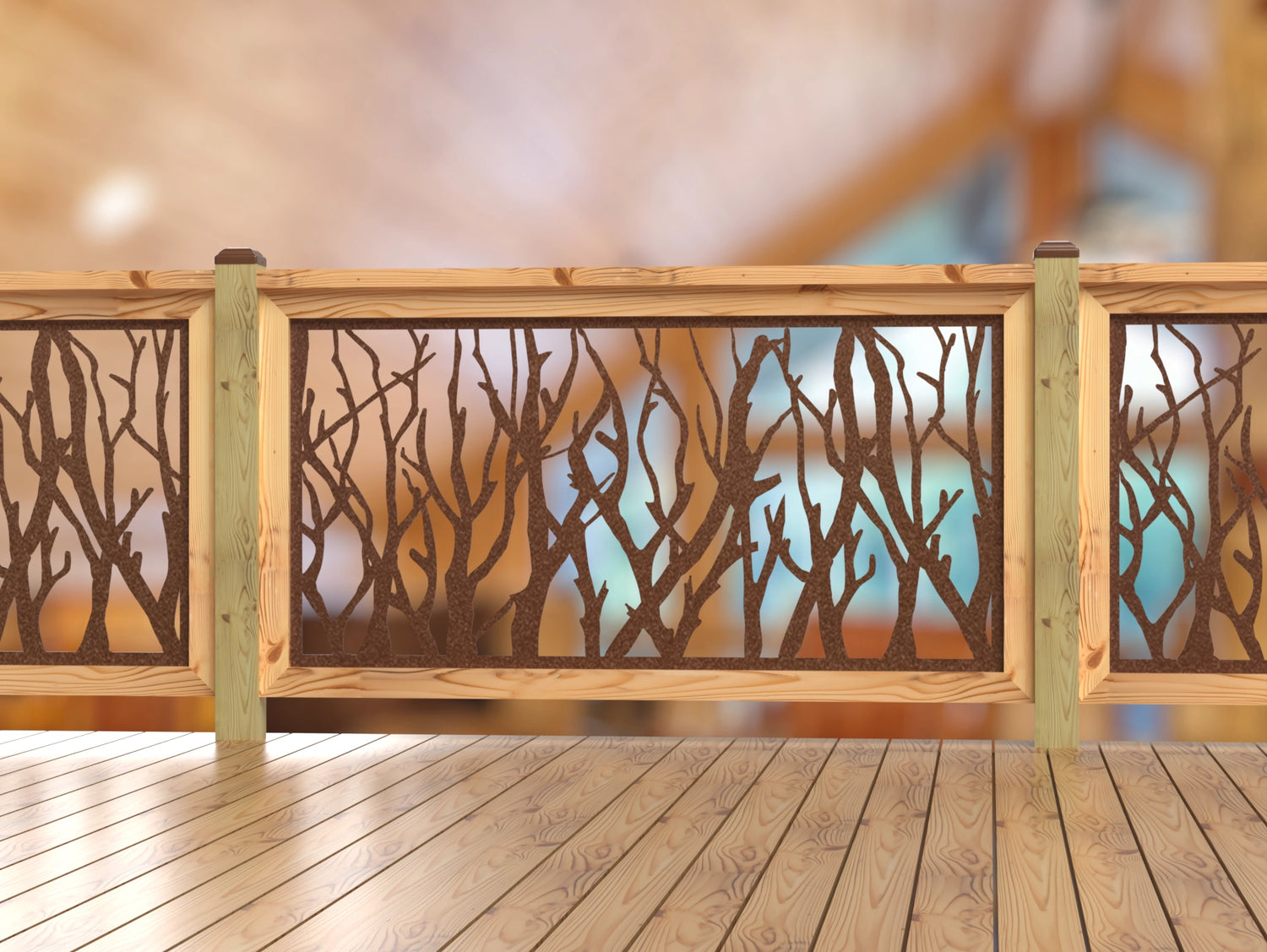 Inserto de panel de barandilla con paisaje forestal