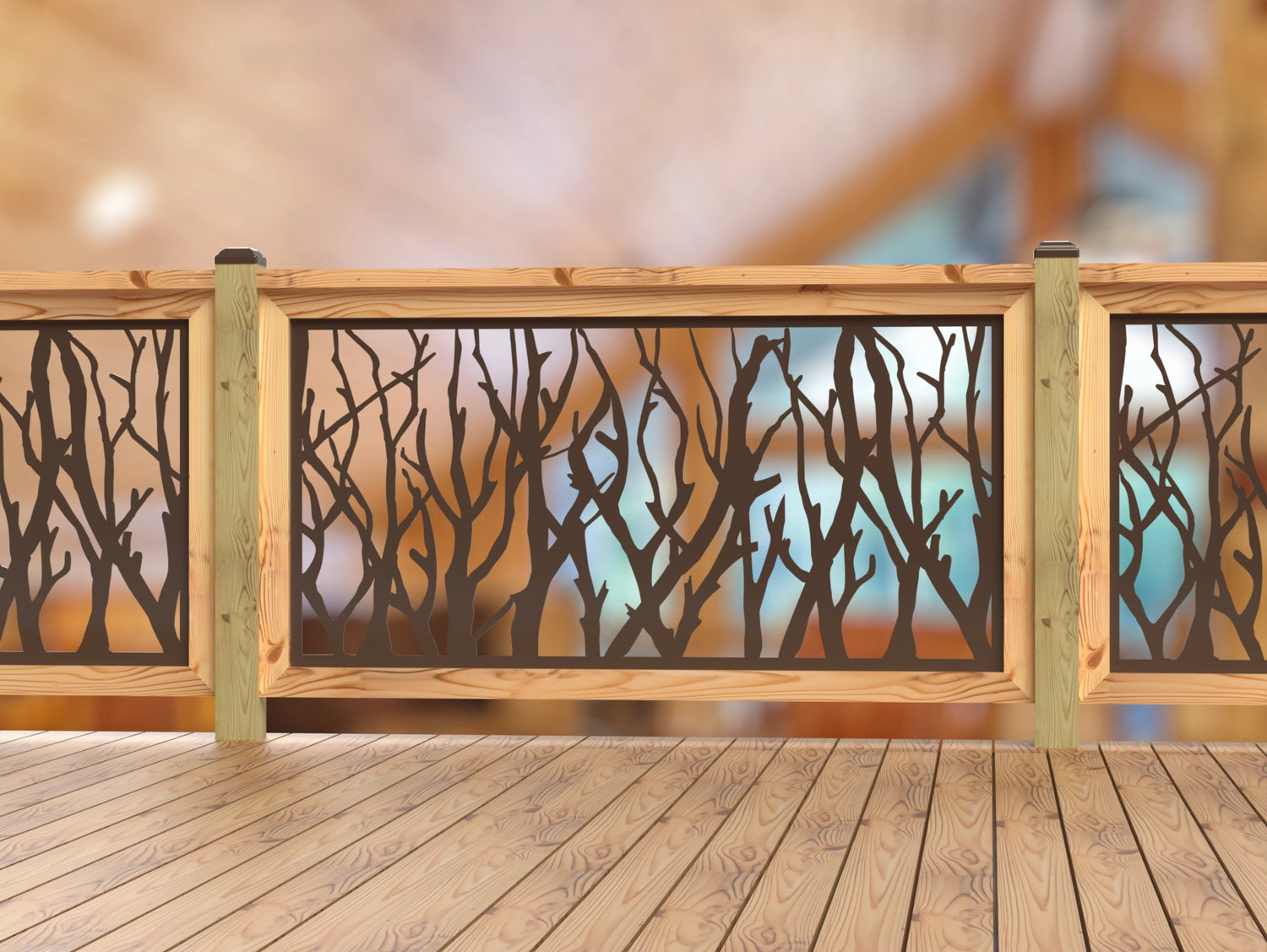 Inserto de panel de barandilla con paisaje forestal