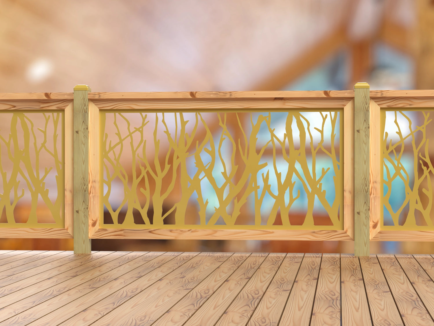 Inserto de panel de barandilla con paisaje forestal
