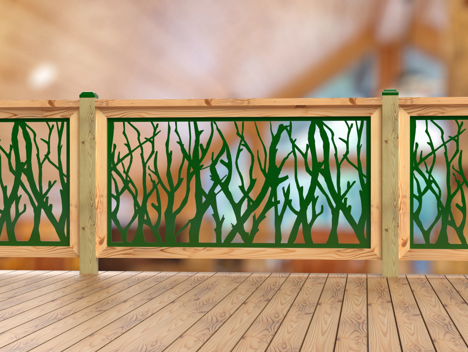 Inserto de panel de barandilla con paisaje forestal