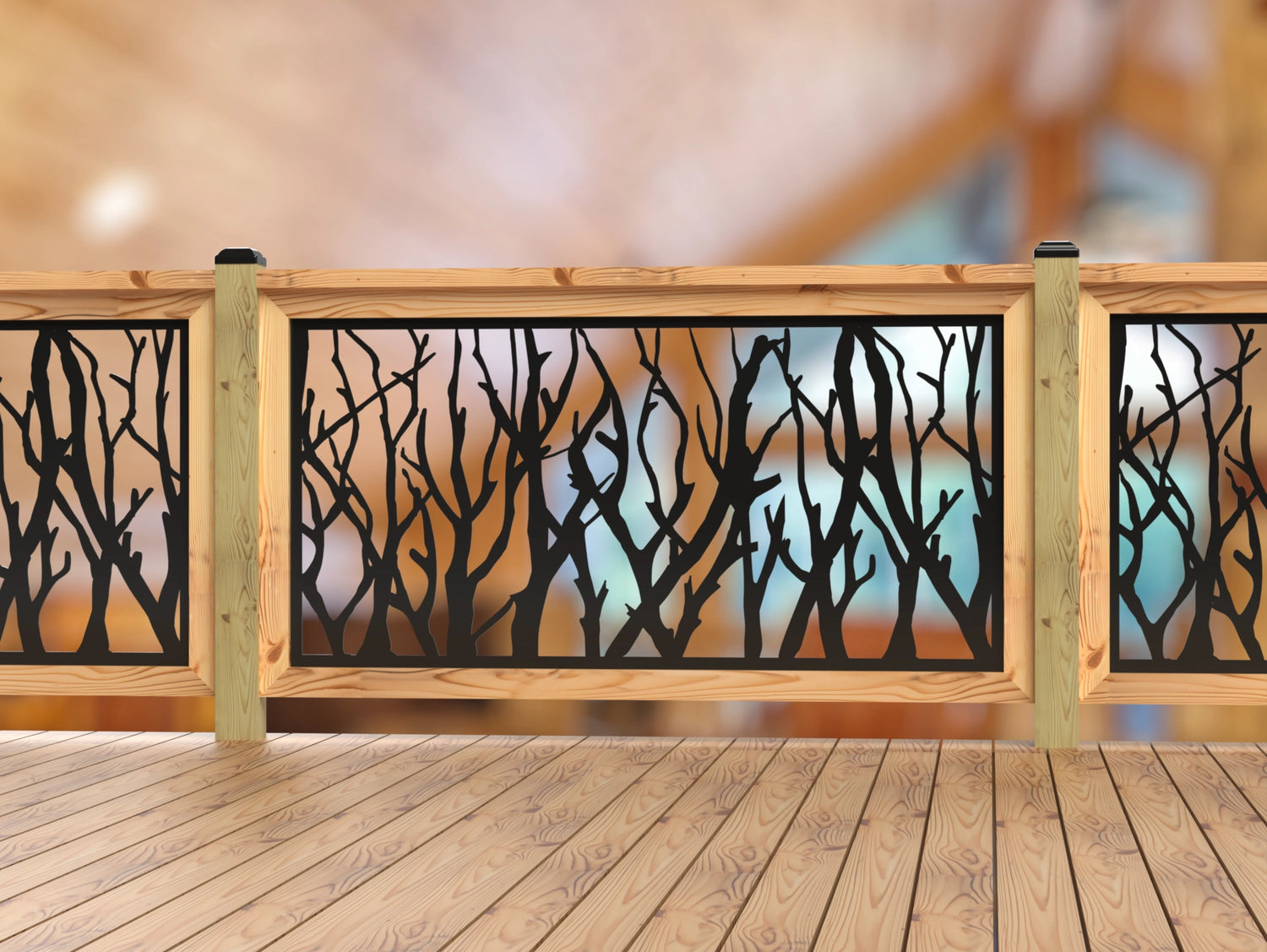 Inserto de panel de barandilla con paisaje forestal