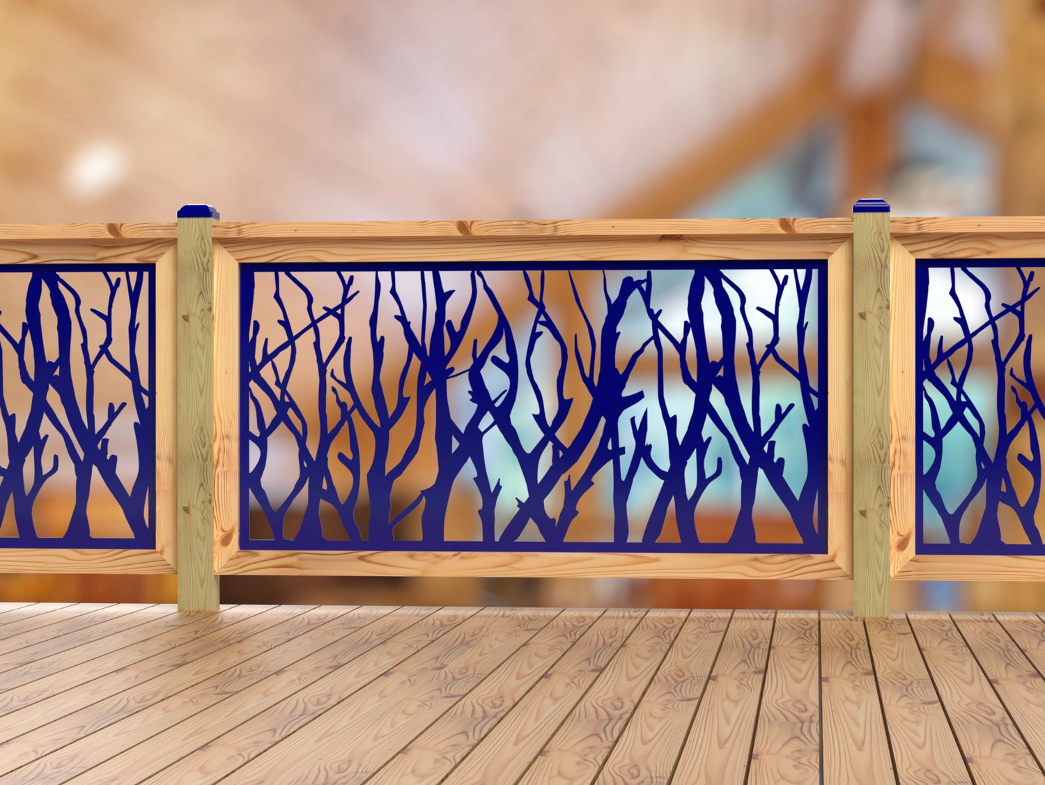 Inserto de panel de barandilla con paisaje forestal