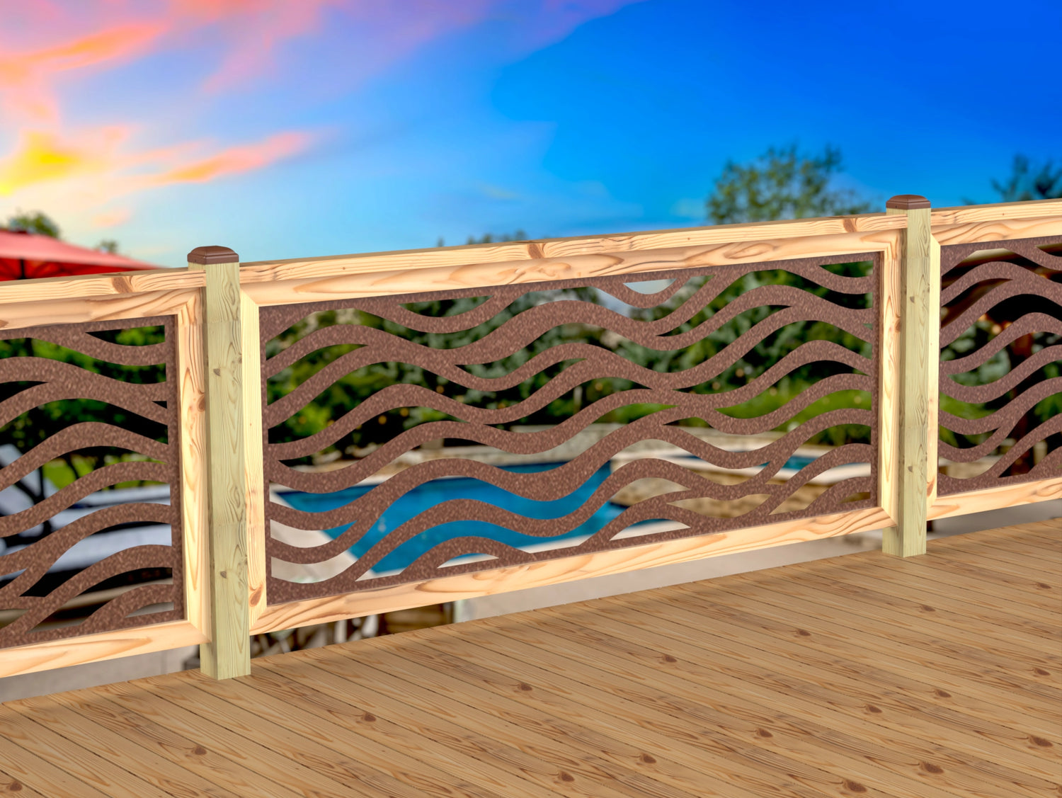 Inserto de panel de barandilla con paisaje forestal