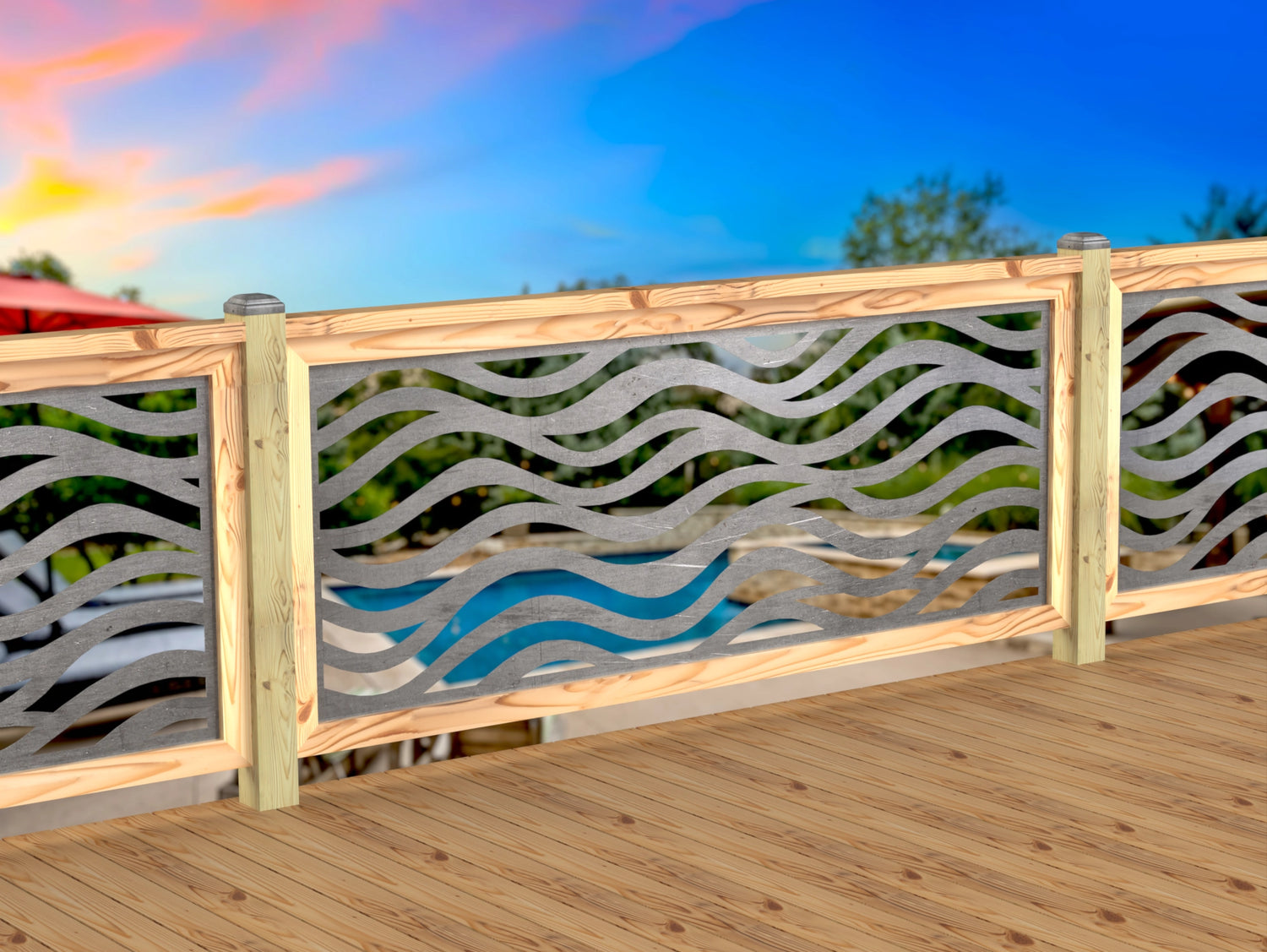Inserto de panel de barandilla con paisaje forestal