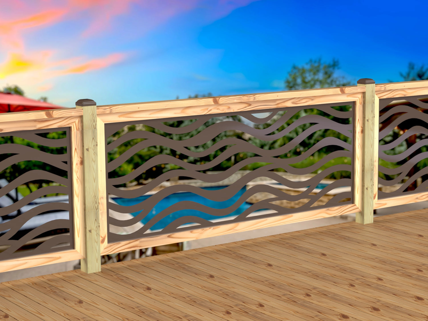 Inserto de panel de barandilla con paisaje forestal