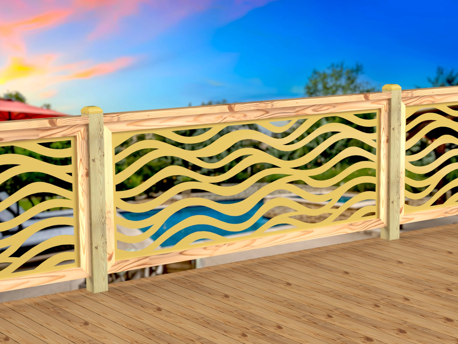 Inserto de panel de barandilla con paisaje forestal