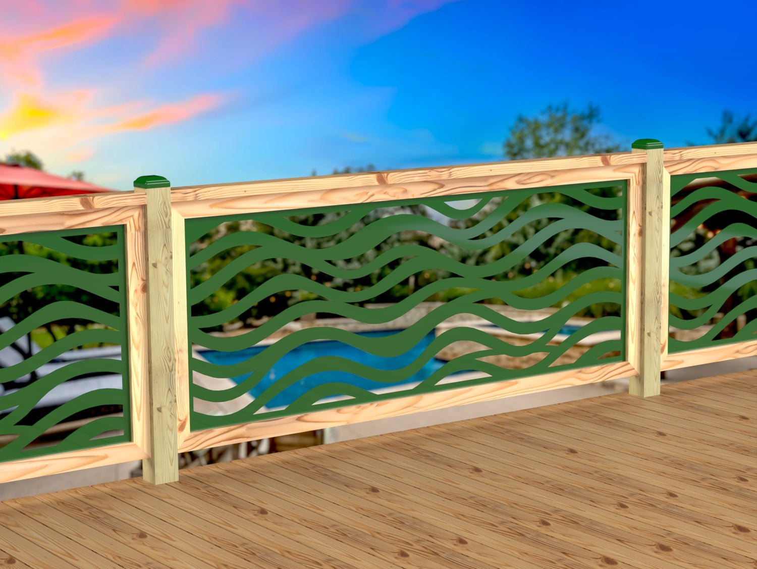 Inserto de panel de barandilla con paisaje forestal