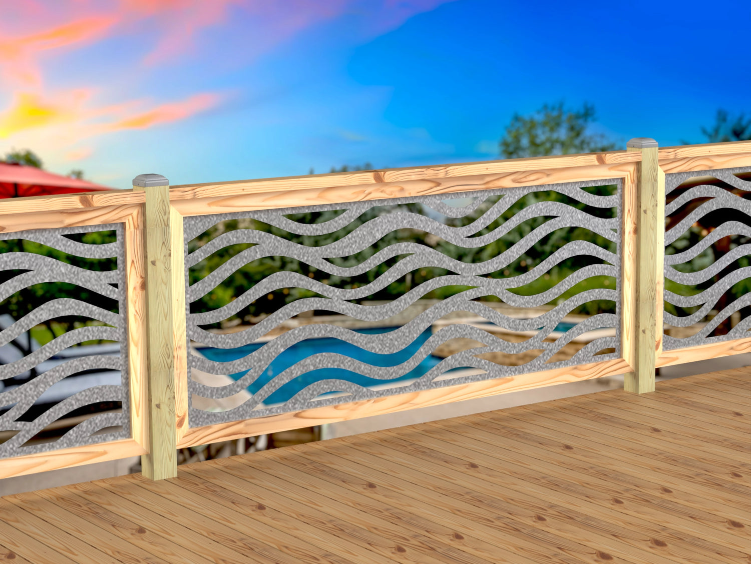 Inserto de panel de barandilla con paisaje forestal