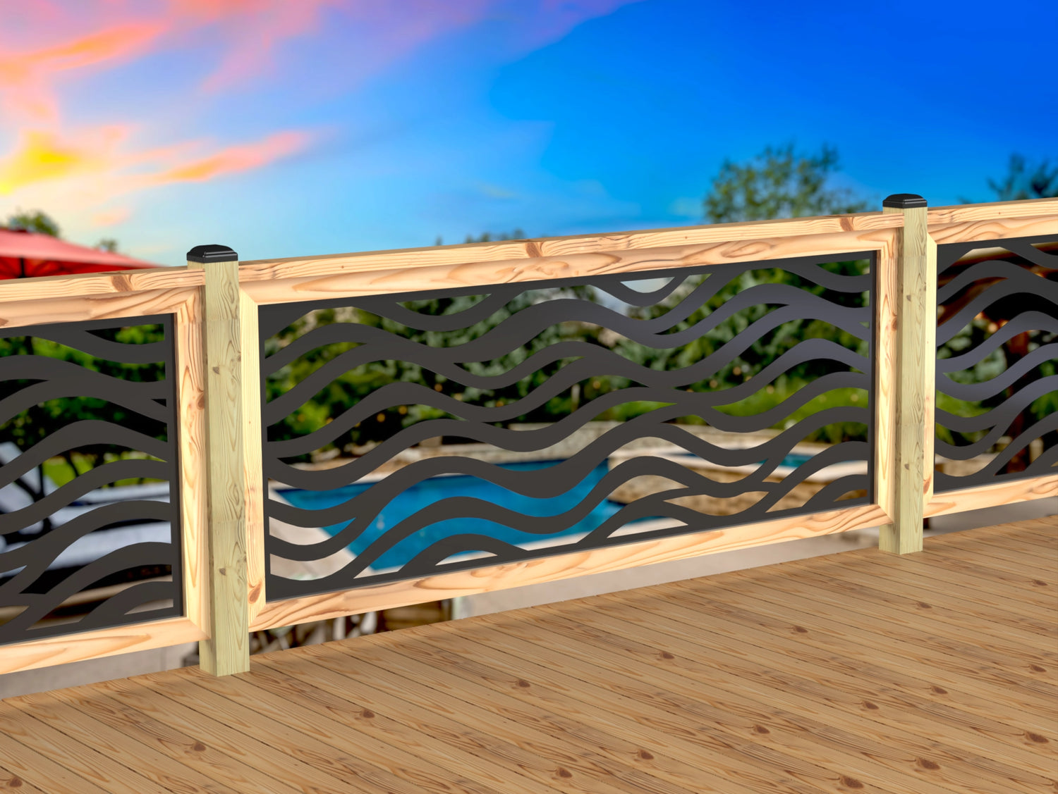 Inserto de panel de barandilla con paisaje forestal