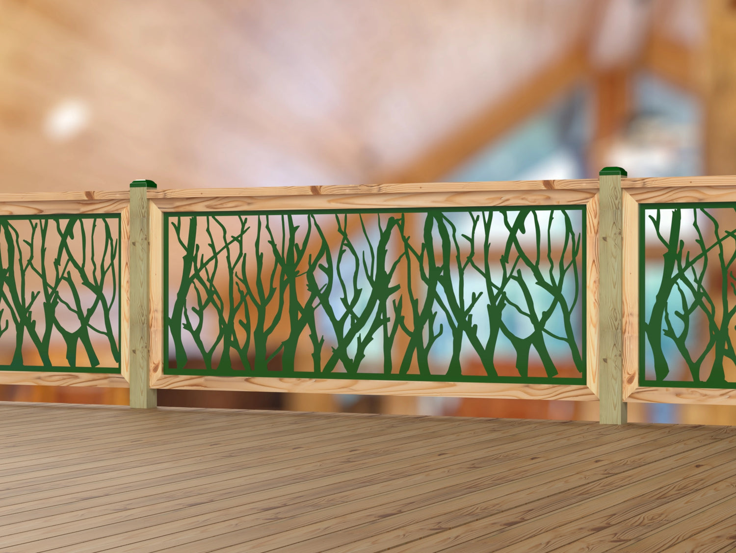 Inserto de panel de barandilla con paisaje forestal