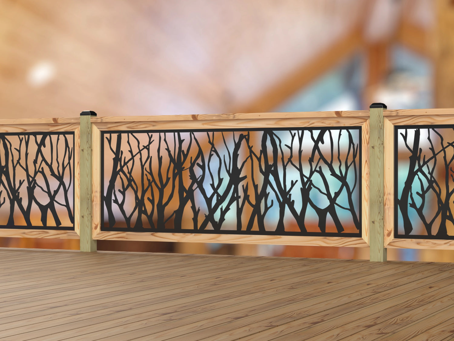 Inserto de panel de barandilla con paisaje forestal