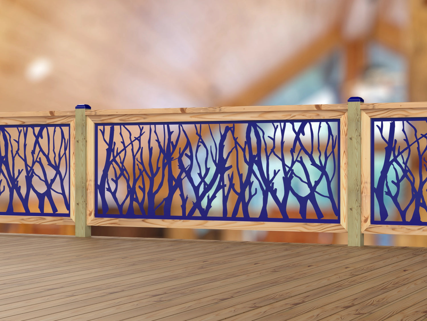 Inserto de panel de barandilla con paisaje forestal