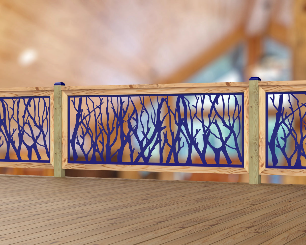Inserto de panel de barandilla con paisaje forestal