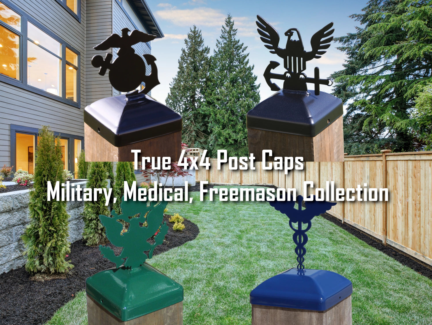 True Size 4x4 Post Caps with Insignia Finial Choice (Military, Medical, Freemason) - Madison Iron and Wood