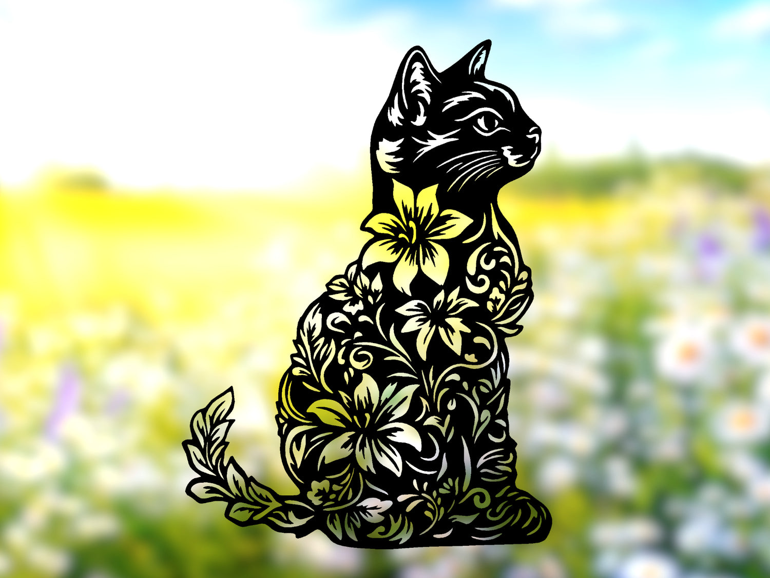 Cat with Flowers in body Metal Sign - Madison Iron and Wood